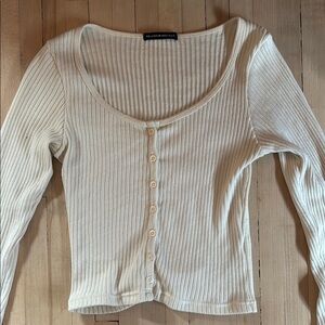 Cropped Cream Ribbed Button-Up Top Brandy Melville ONE SIZE